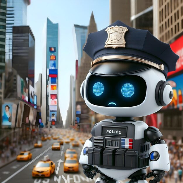 Lindo robot policía de pie en el fondo de la ciudad