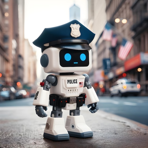 Lindo robot policía de pie en el fondo de la ciudad