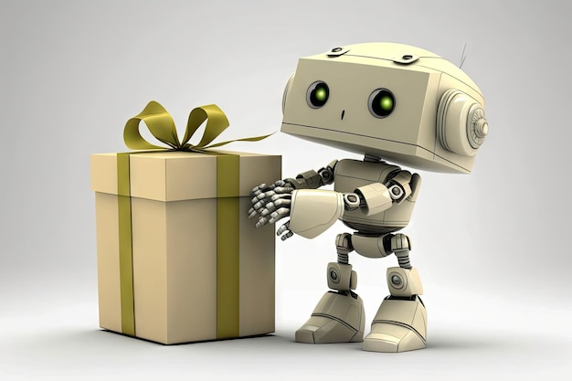 Lindo robot con presente de pie delante de un fondo blanco