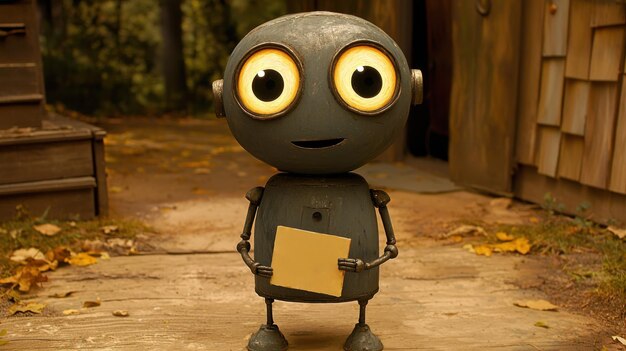 El lindo robot que sostiene una nota en blanco el otoño el ajuste infantil amigable