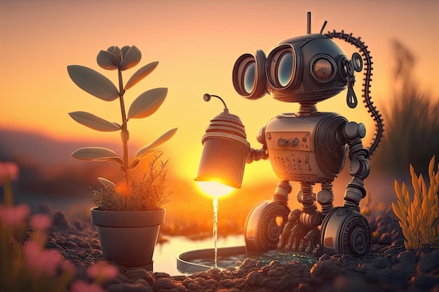 Lindo robot regando plantas en el jardín con vista a la puesta de sol
