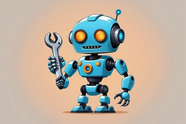 El lindo robot de servicio que sostiene la llave inglesa el icono vectorial de dibujos animados la ilustración de la ciencia la tecnología aislada plana