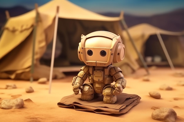 Lindo robot soldado camuflado en un campamento militar