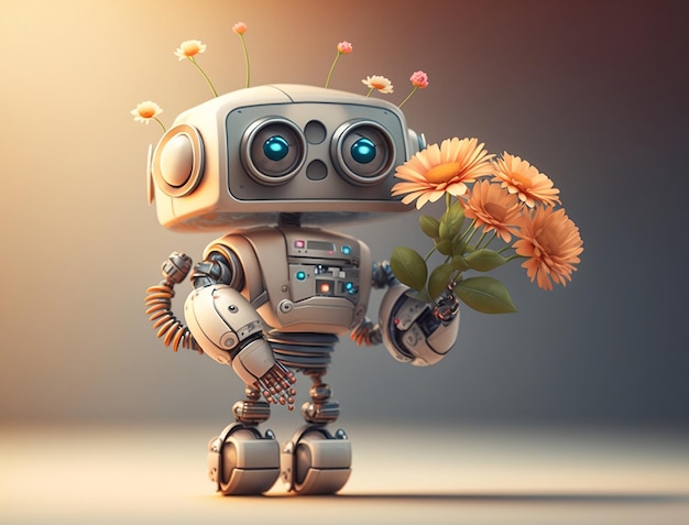 Lindo robot tiene ramo de flores copia espacio Divertido robot con flores de primavera ai generativo