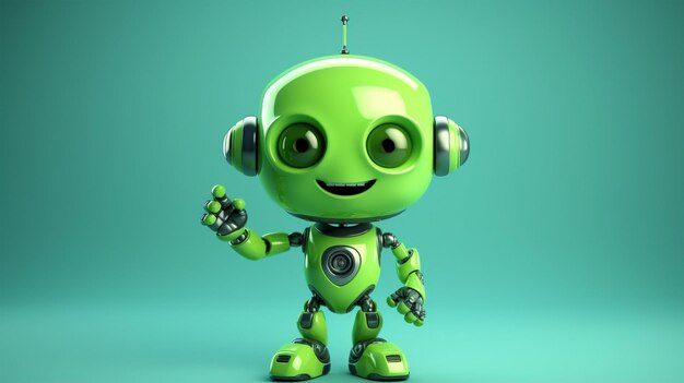 Un lindo robot verde con auriculares generados por la IA