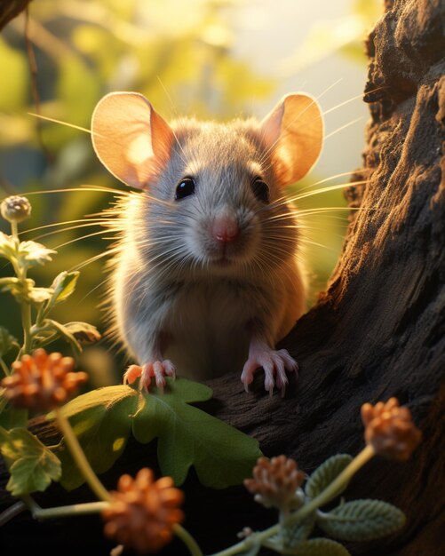 Foto lindo roedor de rata de bosque diminuto en el árbol con una flor de colores de fondo generada por la ia
