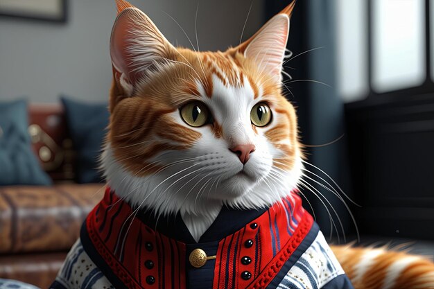 Un lindo rojo y un gato blanco con ropa