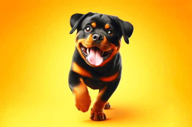 El lindo Rottweiler corre con la lengua colgando y los grandes ojos abultados aislados en un fondo de color