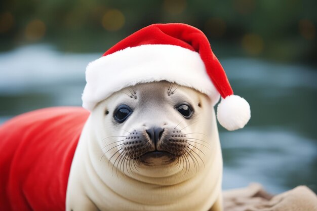 Foto un lindo sello festivo con un sombrero de papá noel.