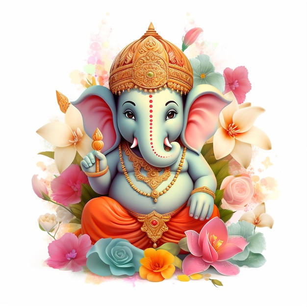 Un lindo Señor Ganpati con flores con fondo blanco