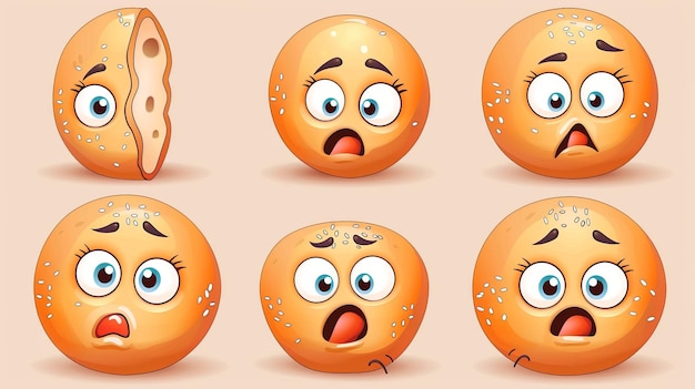 Este lindo set de emoji de cara de personaje de bagel presenta la mascota de una panadería con semillas de amapola en un estilo de dibujos animados e incluye las características de feliz conmocionado triste sorprendido mostrando