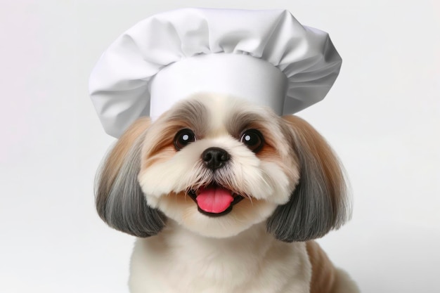 El lindo Shih Tzu sonriendo con un sombrero de chef blanco aislado sobre un fondo blanco sólido