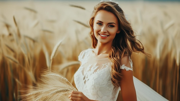 Lindo sorriso e feliz da noiva com vestido de noiva branco no pôr do sol do campo de trigo gerado por IA