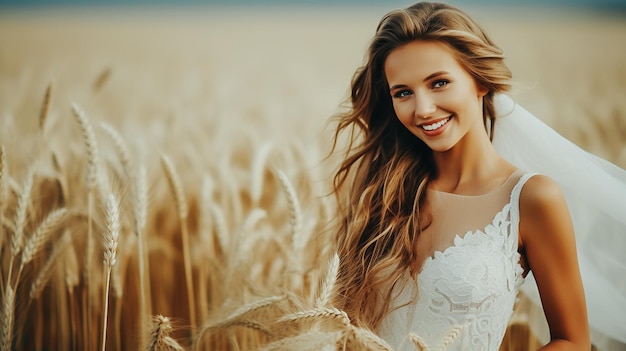 Lindo sorriso e feliz da noiva com vestido de noiva branco no pôr do sol do campo de trigo gerado por IA