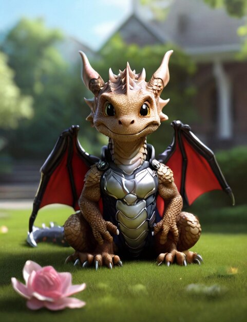 lindo superhéroe dragón en el césped de primavera