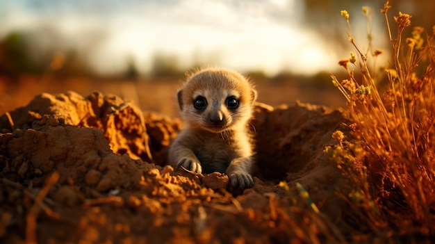 Lindo suricata sentado en el agujero y mirando a la cámara IA generativa