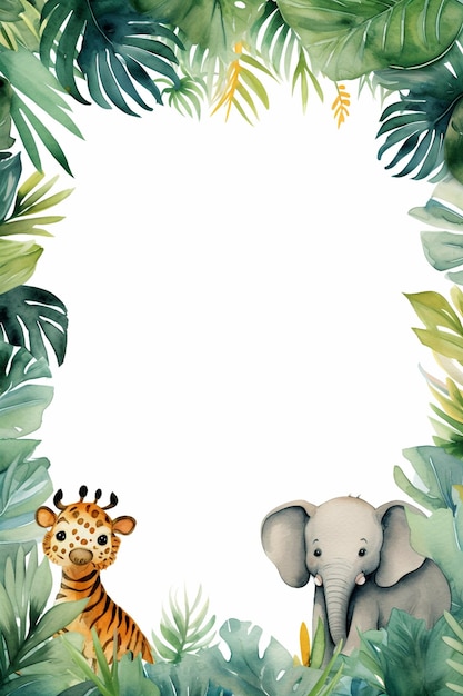 Foto un lindo tema de acuarela de la jungla con el fondo del marco de animales