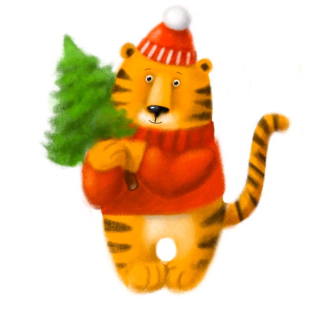 Lindo tigre con árbol de Navidad ilustración de vacaciones de invierno con personaje de dibujos animados