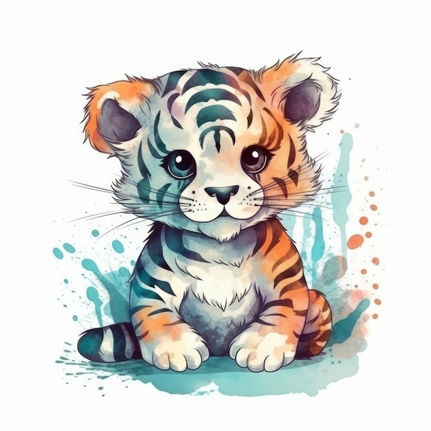 Lindo tigre bebê aquarela Ilustração AI GenerativexD