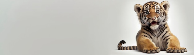 un lindo tigre de bebé sentado en un fondo blanco con cara sonriente