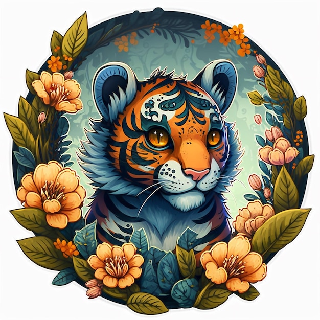 Lindo tigre, marco circular floral, icono, dibujos animados