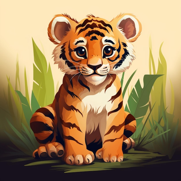 un lindo tigre sentado en una ilustración de estilo de vector de hierba