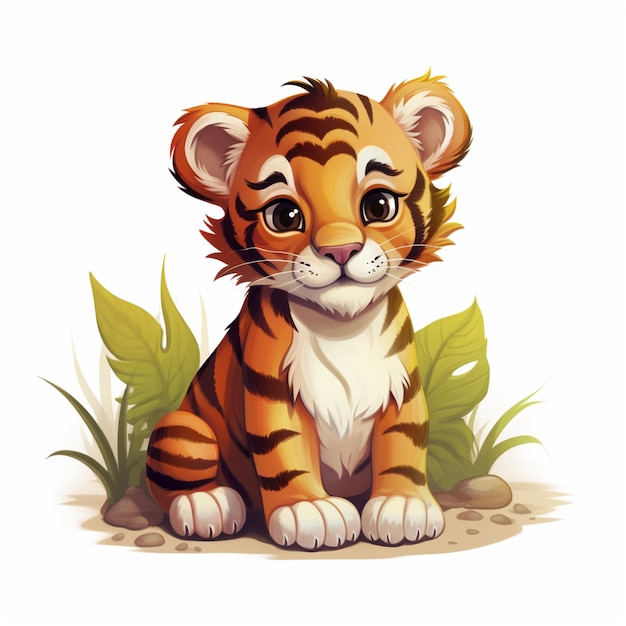 un lindo tigre sentado en una ilustración de estilo de vector de hierba