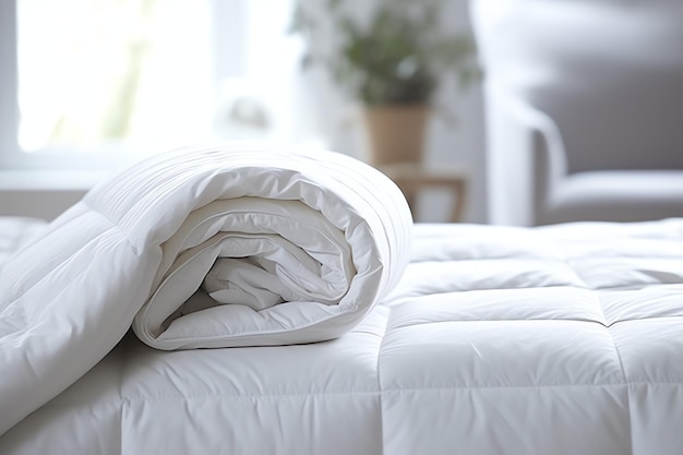 Lindo travesseiro branco confortável e cobertor na decoração da cama edredom branco luxuoso
