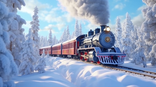 Lindo tren navideño atraviesa un fantástico bosque invernal Ilustración AI Generativo