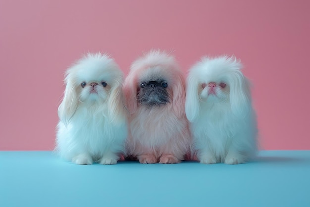 El lindo trío de peludos cachorros pekineses en un fondo rosa y azul pastel para la publicidad de mascotas