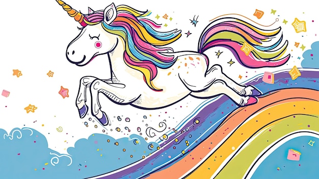 Lindo unicornio abstracción garabateo nubes cola cuento de hadas juguete arco iris caballo mito cuerno milagros imaginación pony princesa sueño hechicera melena mágica generada por IA