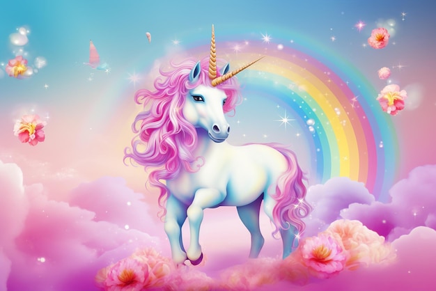 lindo unicornio con arcoiris y un espacio para tu nota