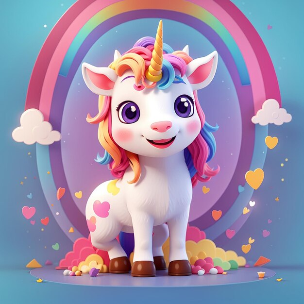 El lindo unicornio asombrado con el arco iris de dibujos animados icono vectorial ilustración animal icono de la naturaleza aislado plano