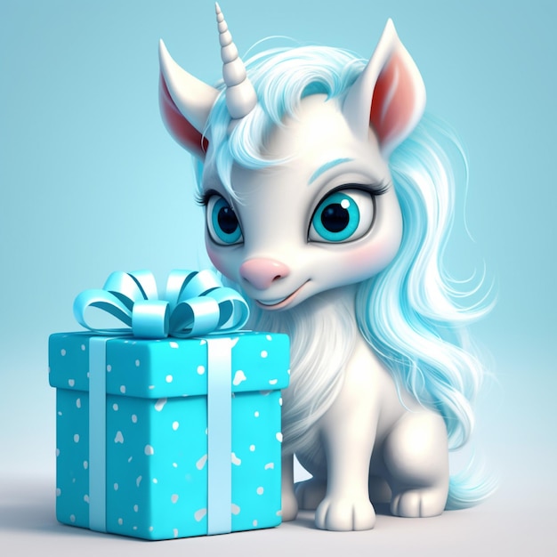 Lindo unicornio blanco con caja de regalo azul renderizado 3D
