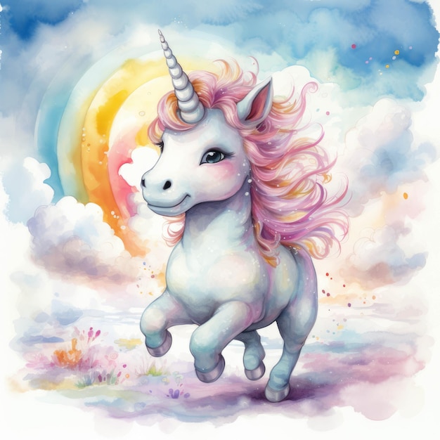 Lindo unicornio de dibujos animados con arco iris y nubes