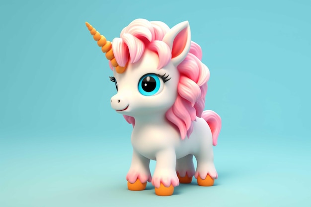 El lindo unicornio de dibujos animados en un fondo azul renderizado en 3D