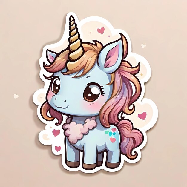 Lindo unicornio de dibujos animados en una nube con corazones Ilustración vectorial Adhesivo caballo de hadas poni