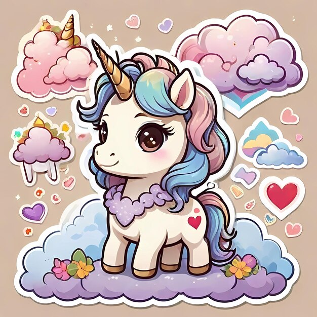 Foto lindo unicornio de dibujos animados en una nube con corazones ilustración vectorial sticker caballo infantil brillante un