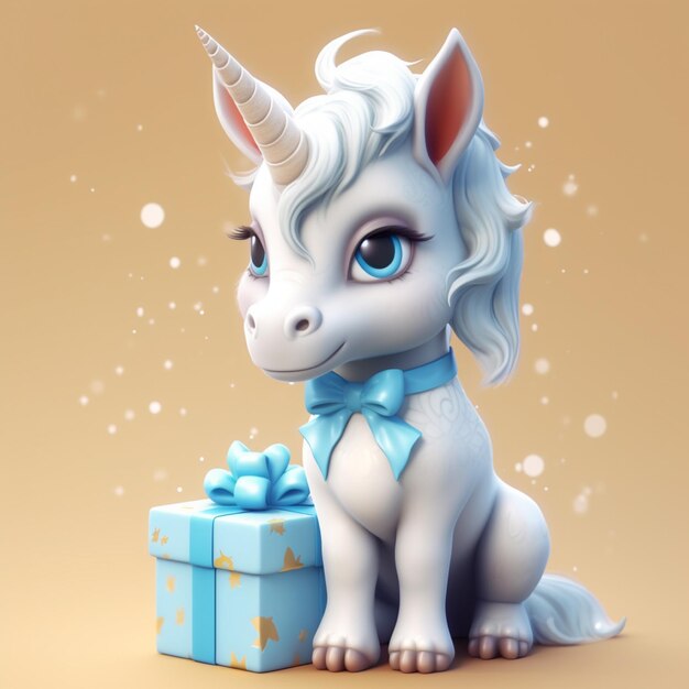 Lindo unicornio con ojos azules y una representación 3d de caja de regalo