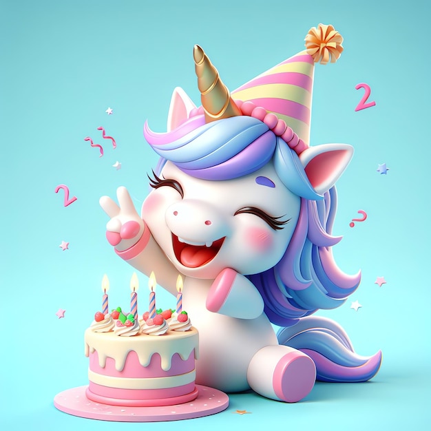 Foto lindo unicornio con pastel de cumpleaños dibujos animados ilustración 3d fondo papel tapiz portada libro para niños