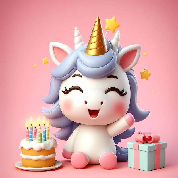 Lindo unicornio con pastel de cumpleaños dibujos animados ilustración 3D fondo papel tapiz portada libro para niños
