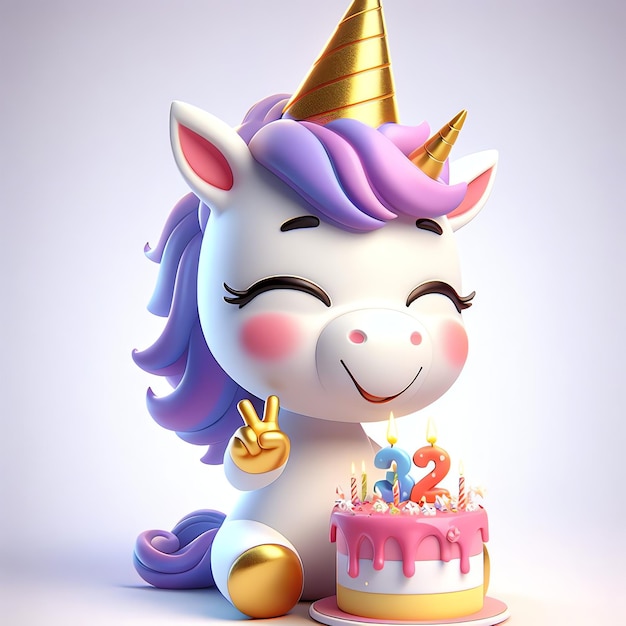 Lindo unicornio con pastel de cumpleaños dibujos animados ilustración 3D fondo papel tapiz portada libro para niños