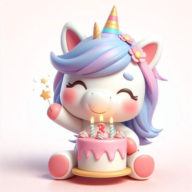 Lindo unicornio con pastel de cumpleaños dibujos animados ilustración 3D fondo papel tapiz portada libro para niños