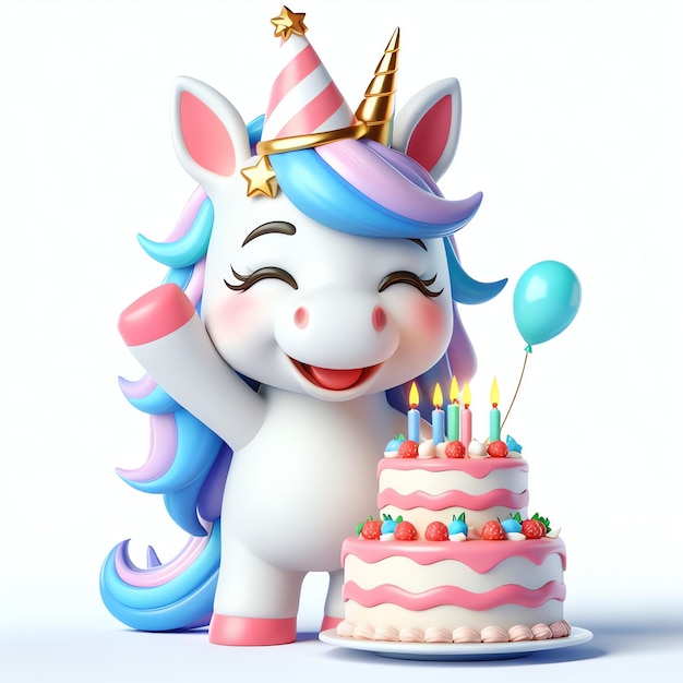 Lindo unicornio con pastel de cumpleaños dibujos animados ilustración 3D fondo papel tapiz portada libro para niños