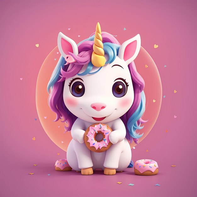 El lindo unicornio sosteniendo una rosquilla icona vectorial de dibujos animados ilustración icona de comida para animales concepto de plano aislado