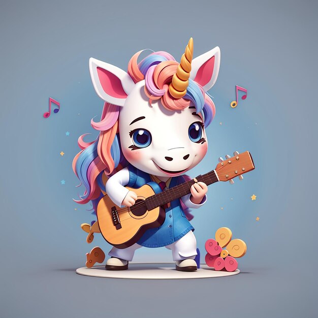 El lindo unicornio tocando la guitarra el icono vectorial de dibujos animados la ilustración del icono de la música animal el concepto aislado