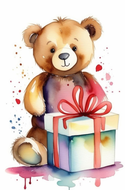 lindo ursinho de pelúcia e caixa de presente colorida com cartão de felicitações em aquarela de aniversário com fita vermelha