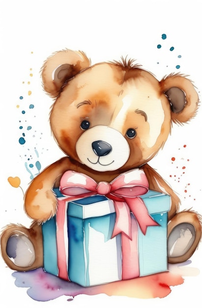 lindo ursinho de pelúcia e caixa de presente colorida com ilustração em aquarela de aniversário de fita vermelha