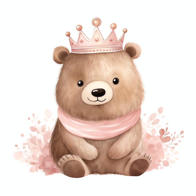 Foto lindo urso com ilustração de clipart em aquarela da princesa tiara