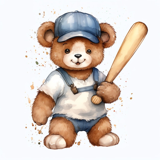 lindo urso com ilustração de clipart em aquarela de taco de beisebol